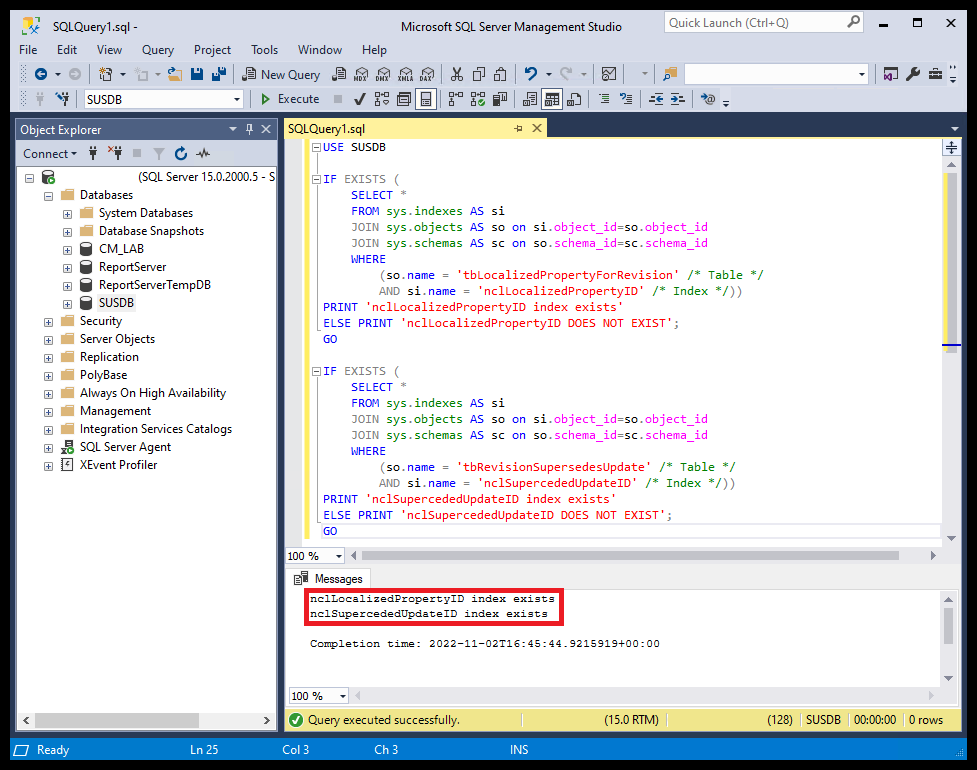 Check that nclLocalizedPropertyID & nclSupercededUpdateID Indexes exist in SUSDB