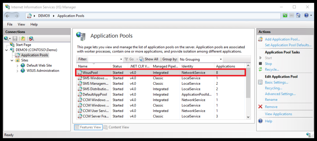 Checking that the WSUS App Pool is running