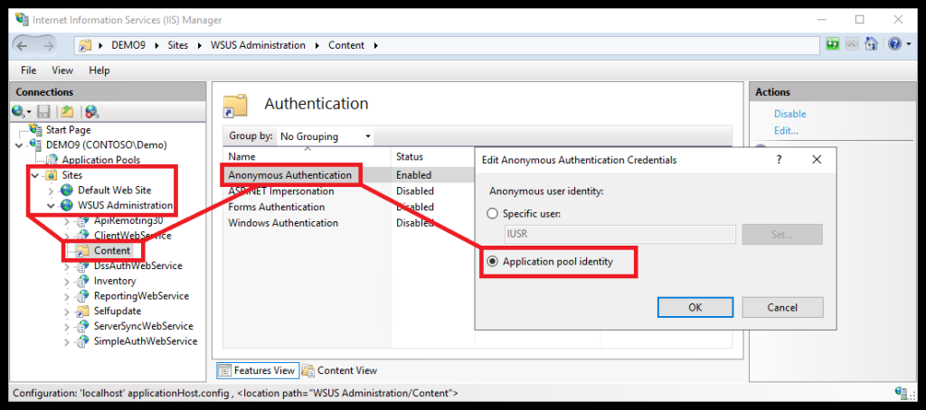 Validate that your IIS WSUSContent directory has the correct authentication configured