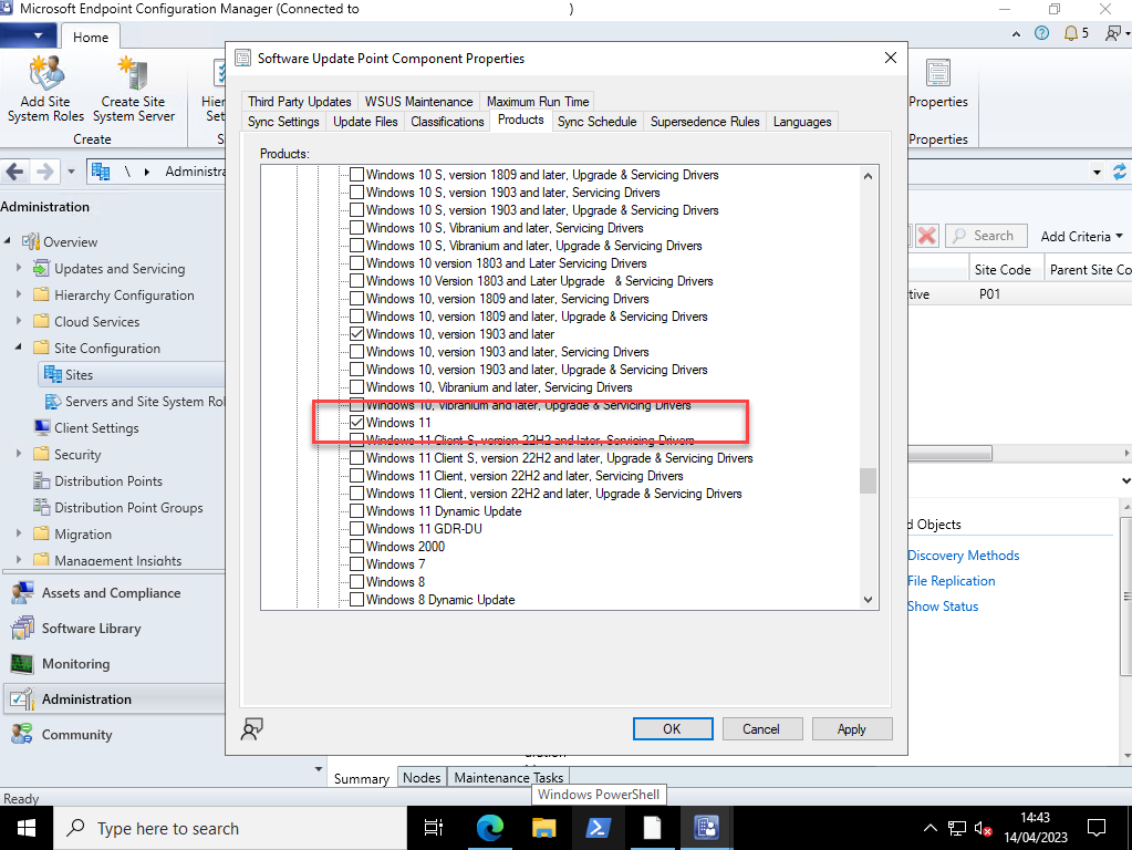 Highlighting the Windows 11 product category in the Configuration Manager console