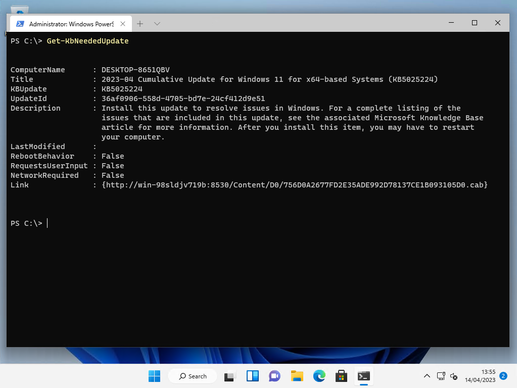 The result of running Get-KbNeededUpdate on Windows 11 to identify missing updates