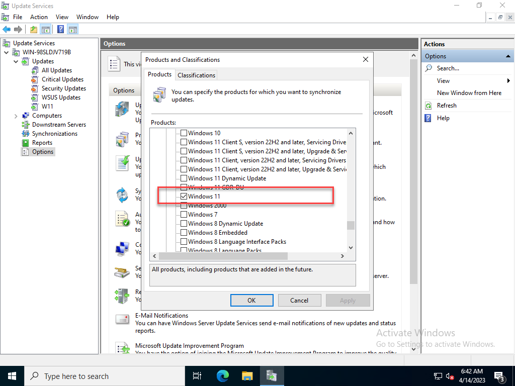 Highlighting the Windows 11 product category in the WSUS console