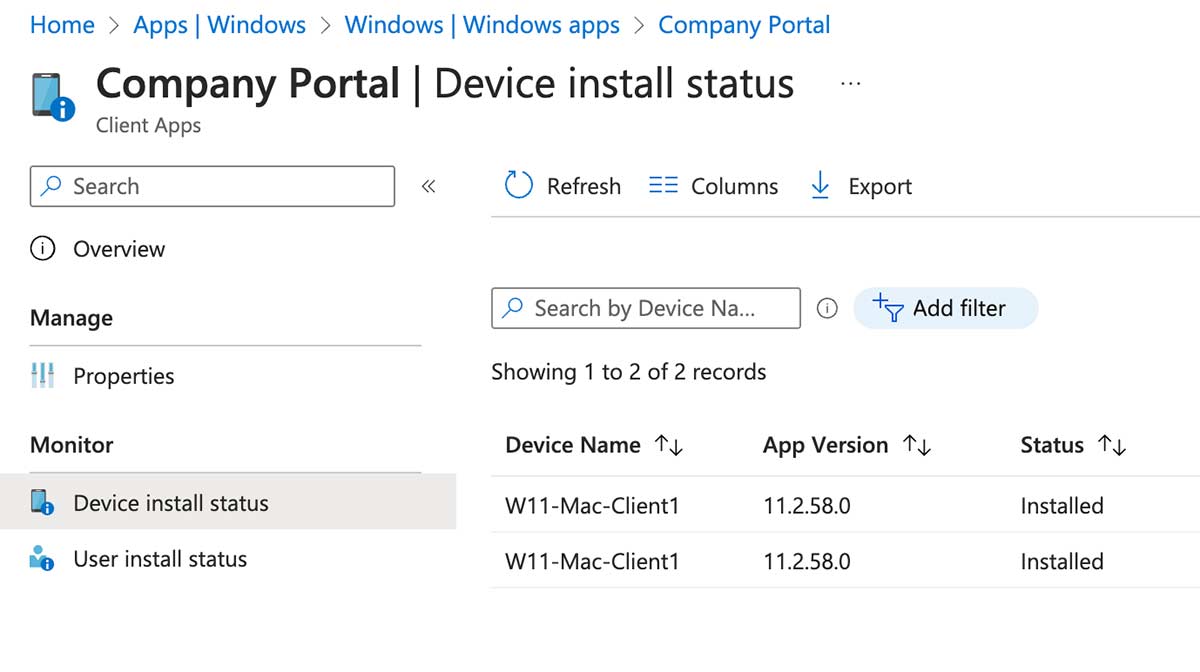 Company Portal install status should change to "Installed"