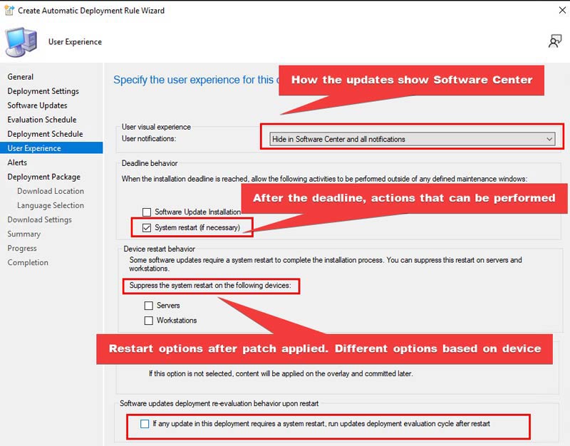 How updates are shown in Software Center, what happens after the deadline is reached, and restart options based OS. 