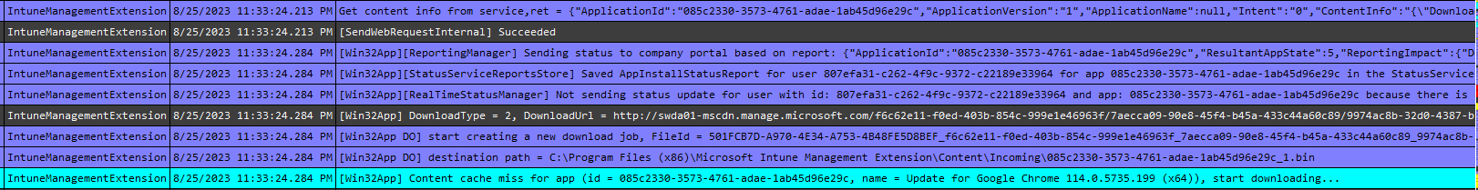 Intune Win32app installation as shown by the IME log