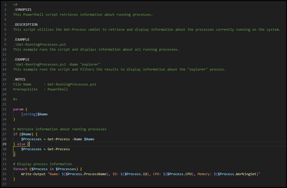 PowerShell script Get-RunningProcesses.ps1 shown in Visual Studio Code