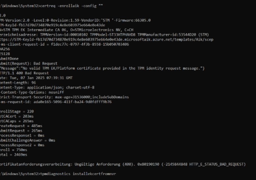 No valid TPM EK/Platform certificate provided in the TPM identity request message.  0x80190190