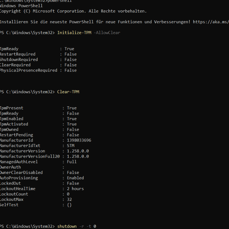 performing an initialize-tpm -allowclear and clear-tpm