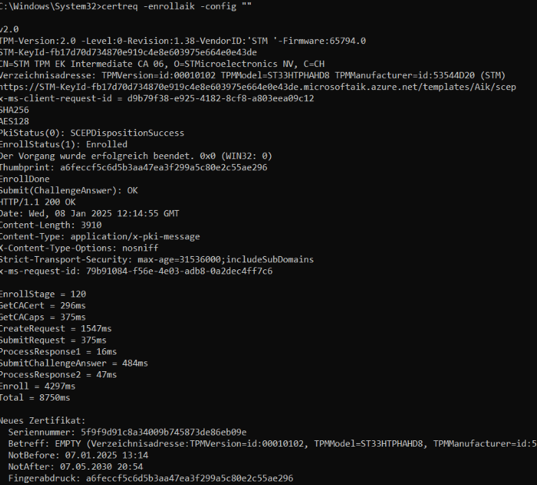 after clearing the tpm on 23h2 the certreq -enrollaik -config " " worked