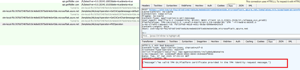 No valid TPM EK/Platform certificate provided in the TPM identity request message