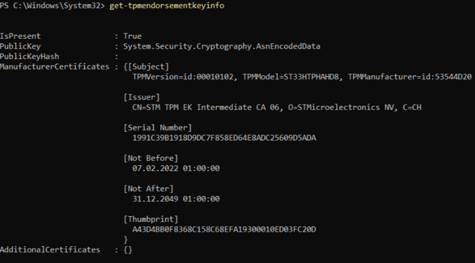 Get-TpmEndorsementKeyInfo showing me that the device indeed has the ekcert