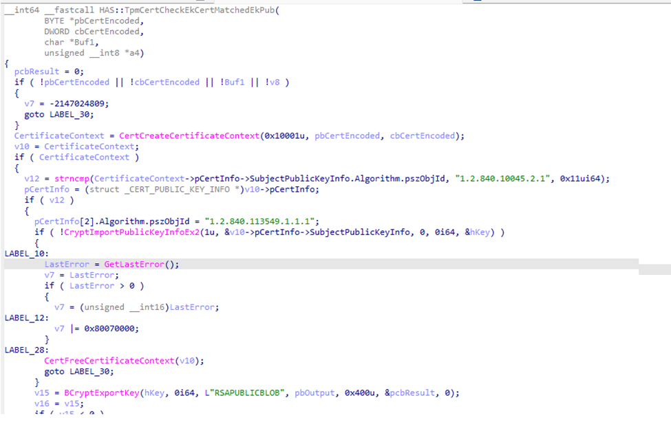 the tpmcoreprovisoning.dll showing us the TpmCertCheckEkCertMatchedEkPub on which the attestation seems to break and getting us the 0x80070490 error