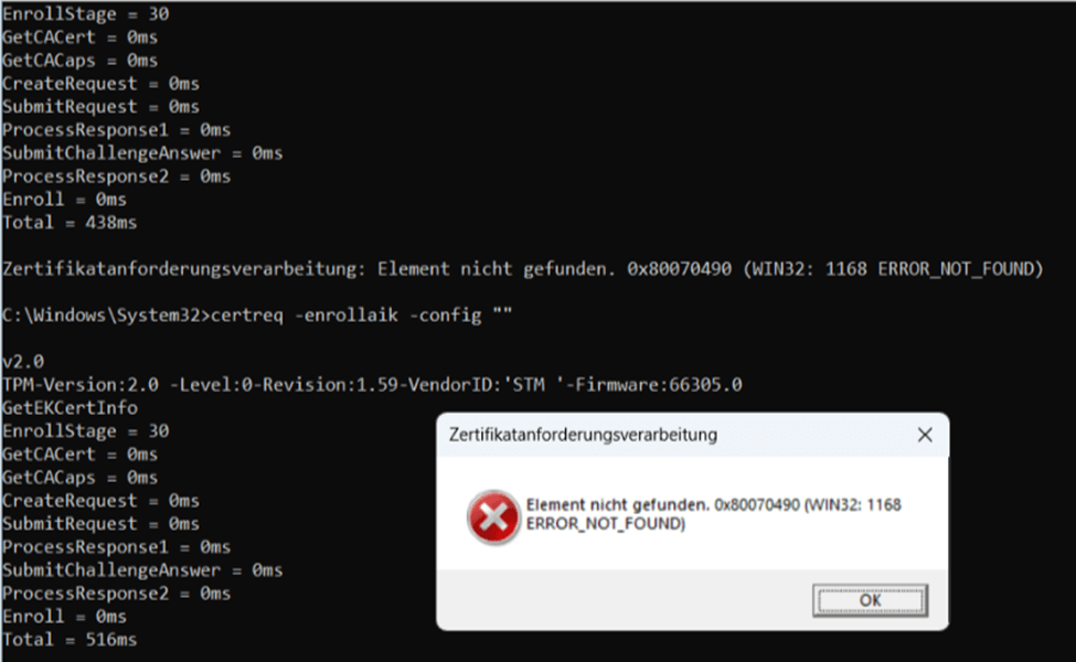 certreq showing the 0x80070490 (ERROR_NOT_FOUND)