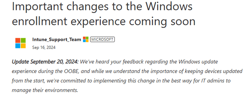 Windows Update Experience during the oobe was puled back